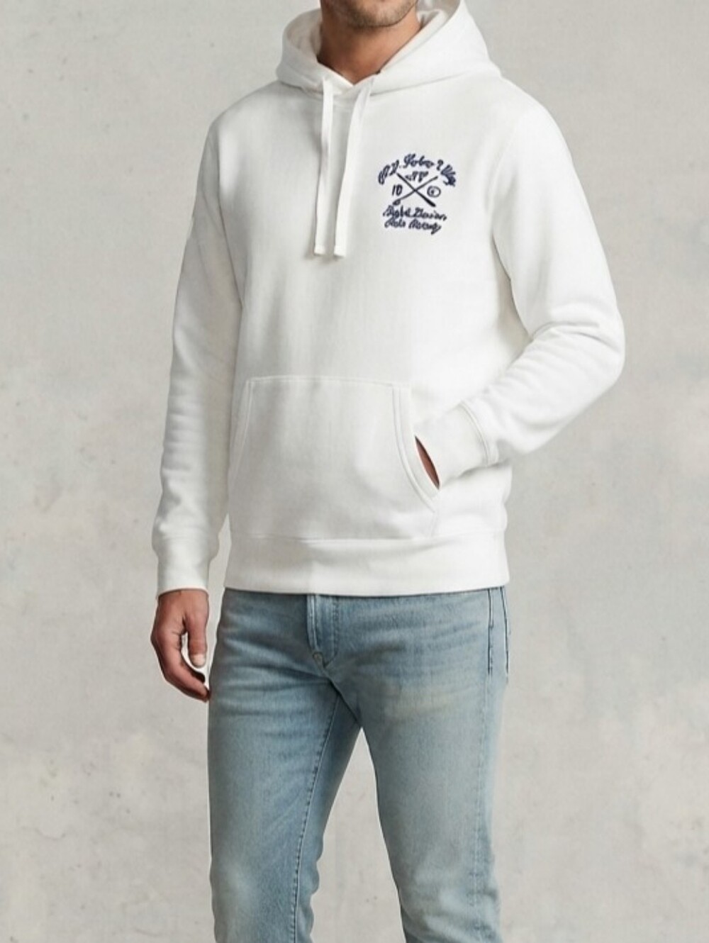 Polo by Ralph Lauren White Hoodie with Navy Chest Script Large $198
